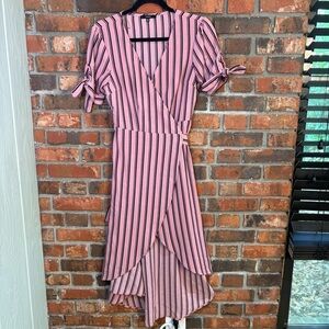 Blashe womens striped tie sleeves wrap dress high low midi dress pink M
